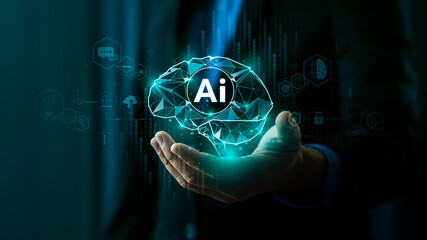 Hand Holding Artificial Intelligence Brain Hologram Representing AI Technology, Machine Learning,...