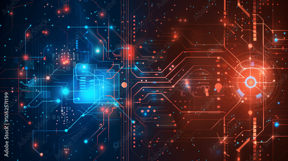 Poster advanced tech background with red and blue holographic hud elements, cascading coding lines, and glo