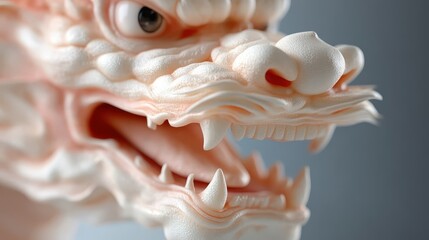 Naklejka premium Closeup of White Dragon Head with Sharp Teeth and Open Mouth