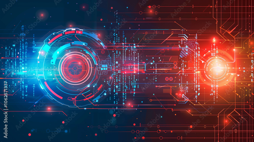 Poster advanced tech background with red and blue holographic hud elements, cascading coding lines, and glo