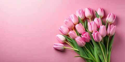Fototapeta premium Wide-angle bouquet of pink tulips on a pink background, minimalism tulips wallpaper