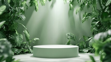 Green Cylinder Podium Surrounded by Lush Foliage