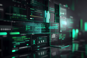 Futuristic wallpaper featuring floating panels of data with virtual elements, green code strings, and holographic light effects against a black background.