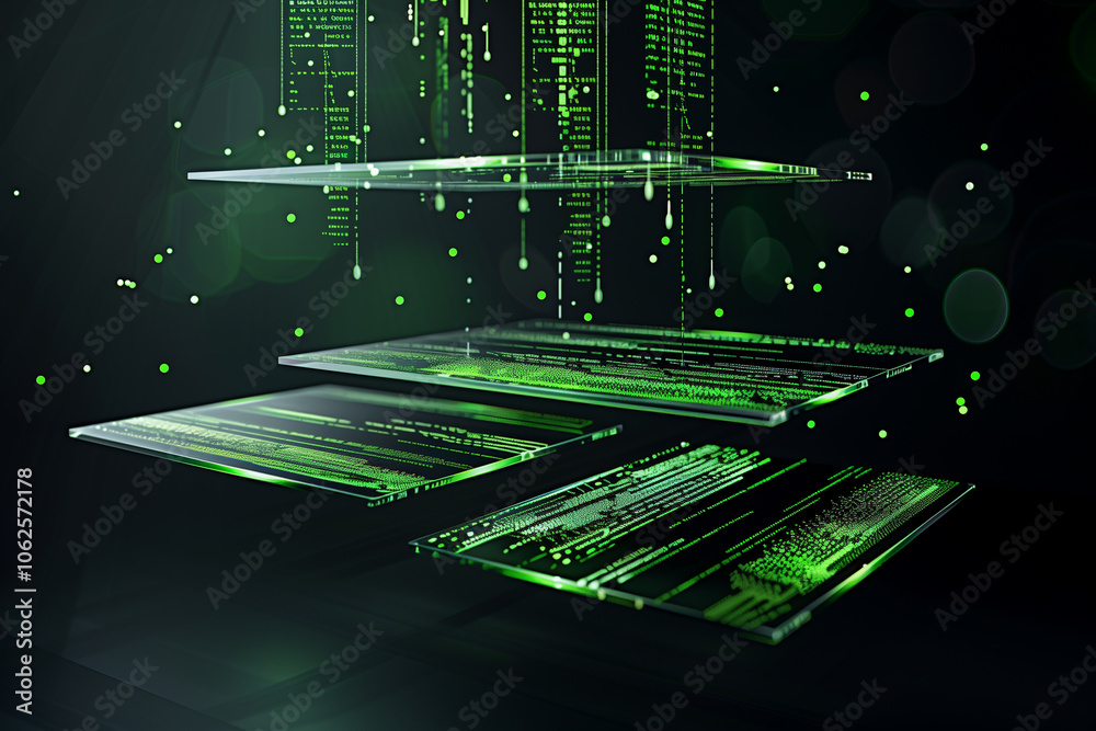 Wall mural futuristic wallpaper featuring floating panels of data with virtual elements, green code strings, an