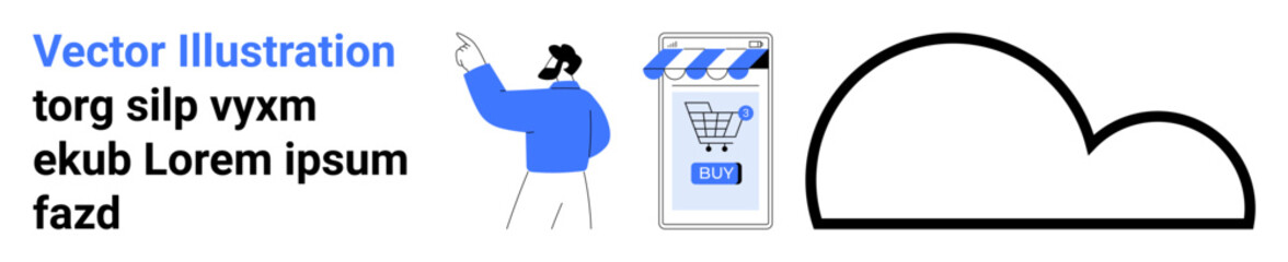 Man pointing towards a storefront with a striped awning and a shopping cart icon, adjacent to a large cloud symbol. Ideal for e-commerce, cloud services, online shopping, digital marketing, data