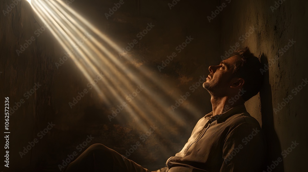 Aufkleber Lifestyle photo of a man sitting in a dimly lit room with a single beam of light illuminating his expression, creating a mysterious atmosphere, 4k resolution