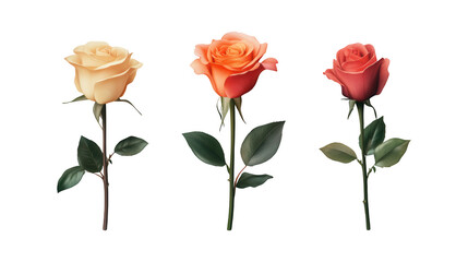 Set of elegant rose illustrations in various shades highlighting unique colors and lifelike details, perfect for design use, isolated on transparent PNG background