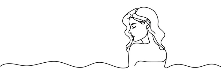 Woman profile with long hair. Portrait female beauty concept. Continuous line drawing vector illustration