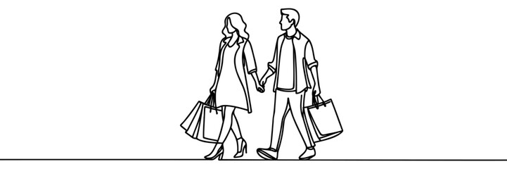 Happy people go with bags in their hands. Shopping in store. Vector illustration Continuous one line drawing