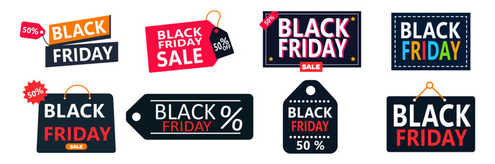 Black Friday sale badges and labels, isolated on white background. Black Friday discount banner sticker set with precent price off. Sticker template. Vector illustration