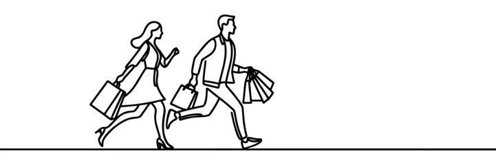 Guy and girl running shopping Continuous one line drawing