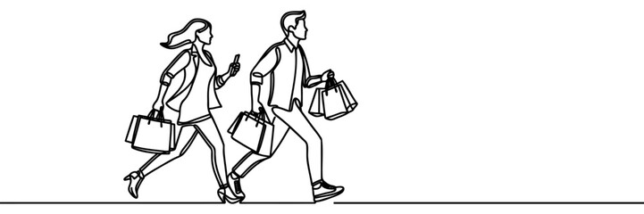Guy and girl running shopping Continuous one line drawing