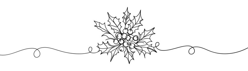 line art drawing holly berry leaves. Modern continuous line art, aesthetic contour. Christmas plant for greeting cards, poster, sticker, logo. Vector illustration