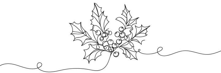 line art drawing holly berry leaves. Modern continuous line art, aesthetic contour. Christmas plant for greeting cards, poster, sticker, logo. Vector illustration