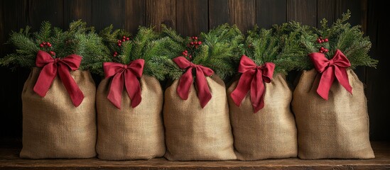 Five burlap sacks decorated with pine sprigs, red berries, and red bows sit in a row on a wooden shelf.