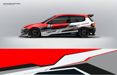 Fototapeta premium Car branding mockup with racing wrap decal or livery design, Hatchback wrap design with red black color and background. Hatchback and sedan vector ready print printable file