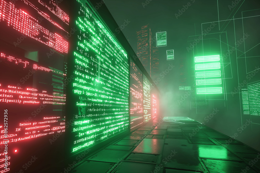 Poster virtual reality display with neon green coding scripts, geometric data grids, and transparent screen