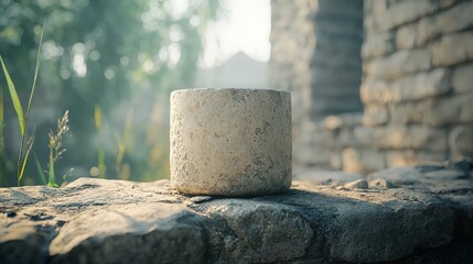 Stone Cylinder on Rustic Stone Wall with Sunlit Background