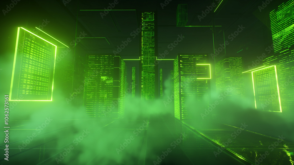 Poster virtual reality display with neon green coding scripts, geometric data grids, and transparent screen