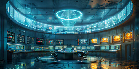 High-Tech Control Room with Holographic Display and Monitors