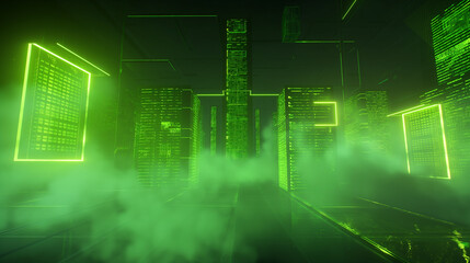 Virtual reality display with neon green coding scripts, geometric data grids, and transparent screens floating against a dark, smoky background.