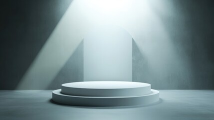 Fototapeta premium A Two-Tiered White Pedestal Against a Textured Gray Wall