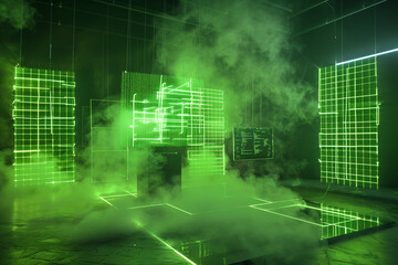 Virtual reality display with neon green coding scripts, geometric data grids, and transparent screens floating against a dark, smoky background.