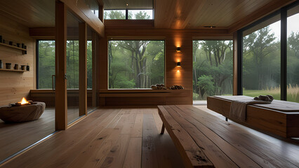 serene and calming sauna environment. The scene should feature a cozy wooden interior with warm, soft lighting that highlights the natural wood textures