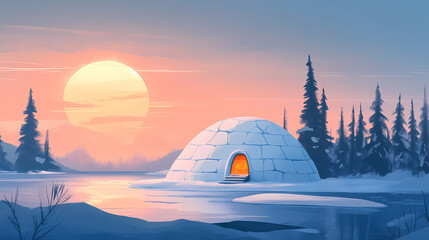 Obraz premium Igloo tradisional house of eskimo, ai generative. Traditional Inuit Igloo. Illustration