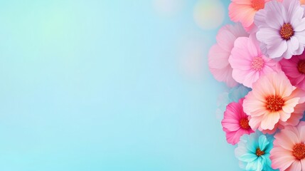 Fototapeta premium Colorful flowers against a soft blue background, fresh and vibrant.