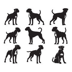 Silhouette set of boxer dog on white background