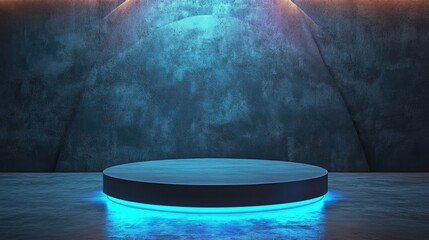 Circular Platform with Blue Neon Lighting Against a Textured Wall