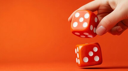 Hand holds red dice on vibrant orange background.
