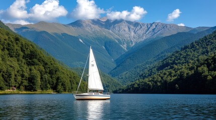 Naklejka premium Sailboat on Serene Mountain Lake with Lush Green Slopes and Blue Sky