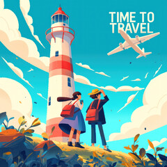 Illustration of Two People Standing Near a Lighthouse with an Airplane in the Sky
