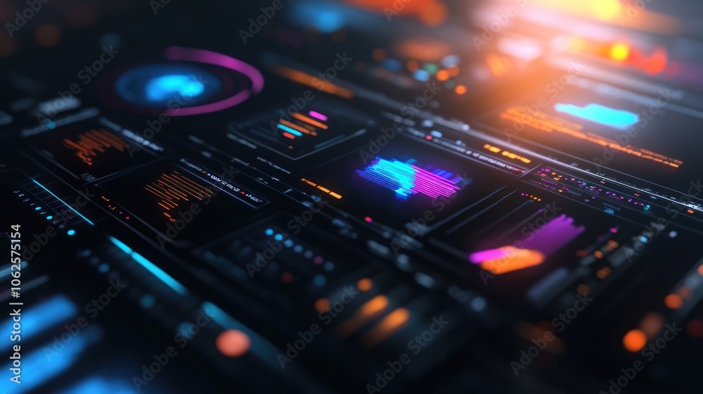 Poster digital interface with neon data visualization