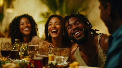 Friends enjoying a lively dinner party together at an outdoor venue on a warm evening