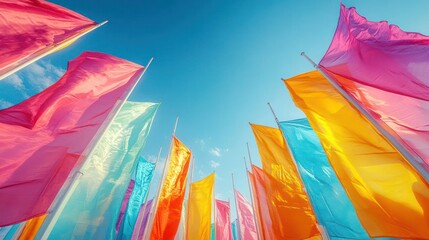 Fototapeta premium A row of vibrant, multi-colored flags waving in the wind.
