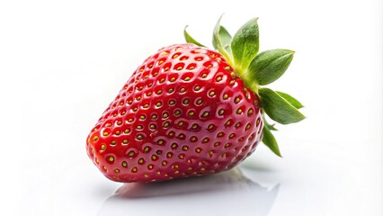 Wide-angle close-up of a strawberry on white background
