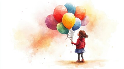 Small girl with colorful balloons in her hand, watercolor illustration.