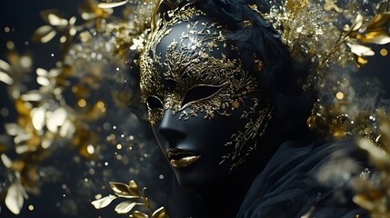 Black Venetian Mask Embellished with Gold.