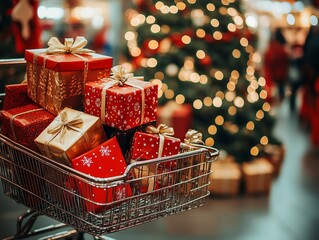 Photo of a large cart with Christmas gifts in mall against the background of a Christmas tree with garlands.