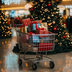 Photo of a large cart with Christmas gifts in mall against the background of a Christmas tree with garlands.