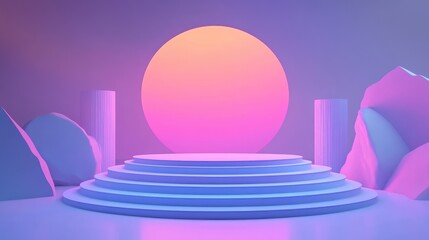 Abstract 3D Render of a Circular Platform with Neon Lighting