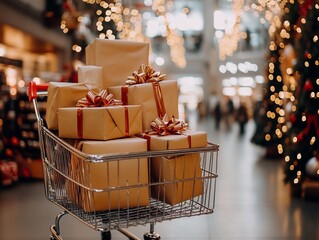 Photo of a large cart with Christmas gifts in mall against the background of a Christmas tree with garlands.