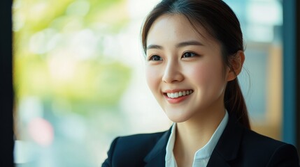 Fototapeta premium Smiling Businesswoman Looking Out Window