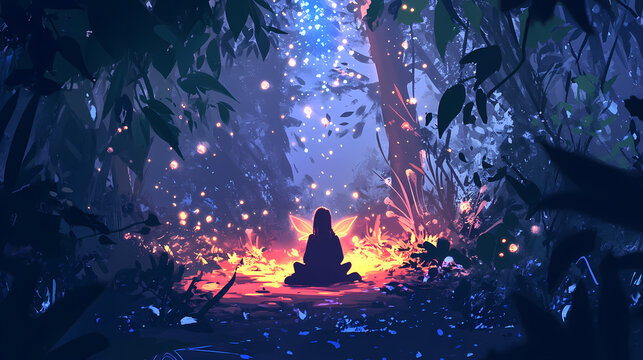 Healer in healing forest filled with magical elements. Healer Fairy. Illustration