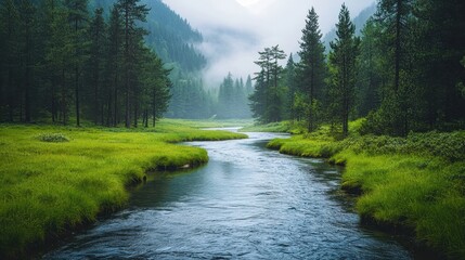 River meandering through green forest