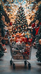 Photo of a large cart with Christmas gifts in mall against the background of a Christmas tree with garlands.