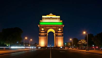 Iconic India Gate in New Delhi illuminated at night, symbolizing national pride and independence